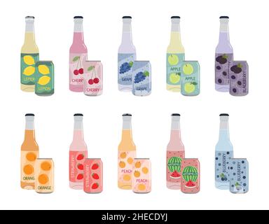 Set of soft drinks in aluminum cans and glass bottles with soda and lemonade. Carbonated non-alcoholic water with fruit and berry flavors. Hand drawn Stock Vector