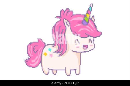 Vector illustration of a kawaii unicorn in pixel art style. Vector cute pixel unicorn with stars in chibi style. Stock Vector