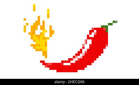 Vector illustration of hot chilli pepper with fire in pixel style. Vector emblem jalapeno or chilli Stock Vector