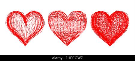 Vector set icons of heart in hand drawing style. Vector illustration of red hearts in grunge style for Valentines day. Stock Vector