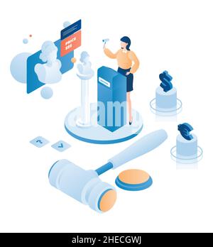 Auction gavel, bust sculpture on sale, auctioneer calling out price, vector isometric illustration. Art auction process. Stock Vector