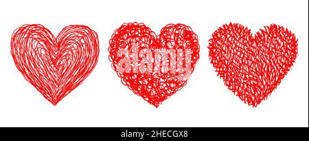 Vector set icons of heart in hand drawing style. Vector illustration of red hearts in grunge style for Valentines day. Stock Vector