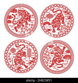 Round chinese zodiac tigers. Astrological holiday signs, decorative silhouette animals in circle form, traditional elements, red characters, stickers Stock Vector