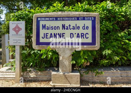 France, Vosges, Domremy la Pucelle, birthplace of Joan of Arc, plate in front of the house where Joan of Arc was born today a museum Stock Photo