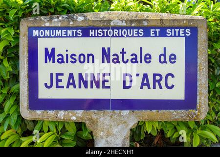 France, Vosges, Domremy la Pucelle, birthplace of Joan of Arc, plate in front of the house where Joan of Arc was born today a museum Stock Photo