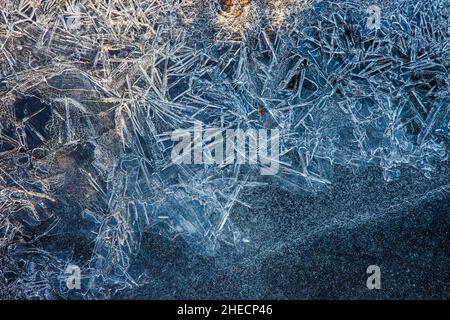 Ice Crystals forming on Tobyhanna Creek in Pennsylvania's Pocono Mountains. Stock Photo
