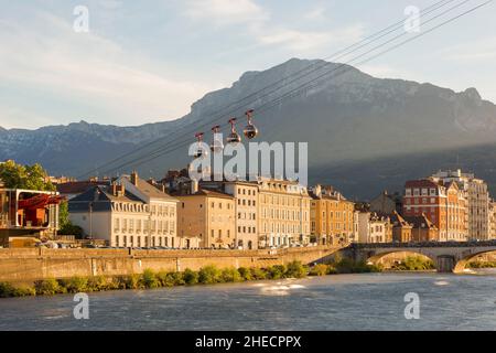 France, Isere, Grenoble, view over the city and banks of Isere river, with the Vercors massif in the background Stock Photo