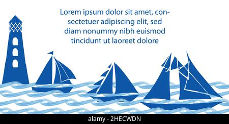 Sailing boats, ocean waves, lighthouse vector banner template with space for text, logo. Hand drawn horizontal sea wave and yacht frame marine design Stock Vector