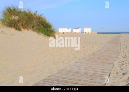 Belgium, West Flanders, Koksijde, Oostduinkerke, wooden path with beach huts and the North Sea in the background Stock Photo