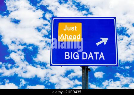 Big Data Just Ahead Blue Road Sign Over Dramatic Cloudy Sky Stock Photo