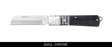 Folding knife with wooden handle isolated on white. Top view. Stock Photo