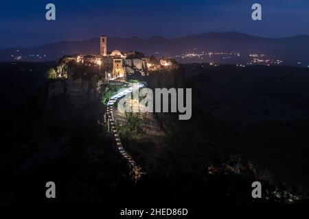 Civita di Bagnoregio,Italy-april 30,2018:view of Civita di Bagnoregio at night.Defined 'the dying city' because it was built on a tuff spur Stock Photo