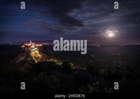 Civita di Bagnoregio,Italy-april 30,2018:view of Civita di Bagnoregio at night.Defined 'the dying city' because it was built on a tuff spur Stock Photo