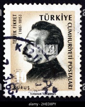 TURKEY - CIRCA 1965: a stamp printed in the Turkey shows Tevfik Fikret, Ottoman Poet, circa 1965 Stock Photo