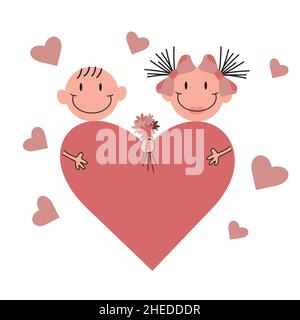Cartoon girl and boy fall in love with each other. Bouquet of flowers and a huge heart, Valentine s day vector design concept. Love story of a couple Stock Vector