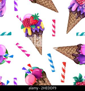 Bright seamless pattern with colorful ice cream cones and striped candy sticks Stock Photo