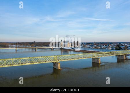 This landscape photo was taken in Europe, in France, in the Center region, in the Loiret, near Orleans, in Winter. We can see the Bridges of Sully sur Stock Photo