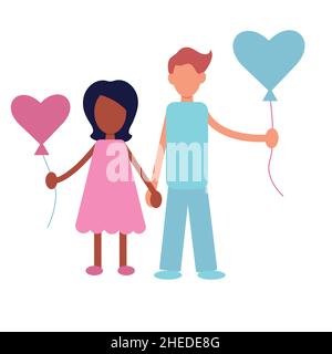 Cartoon girl and boy fall in love. Heart shaped balloons, Valentine s day vector design concept. Love story of a couple in love. Stock Vector