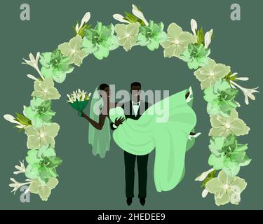 Happy groom holding the bride in his arms under the flower arch Stock Vector