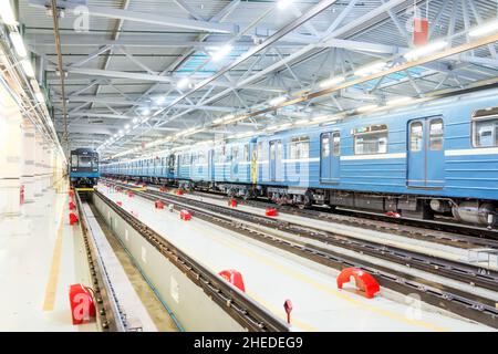 Passenger carriage locomotive of the subway, electric transport in the depot service maintenance Stock Photo