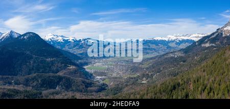 This landscape photo was taken in Europe, in France, in the Alps, towards Chamonix, in the spring. We see the panoramic view of the city of Passy in t Stock Photo