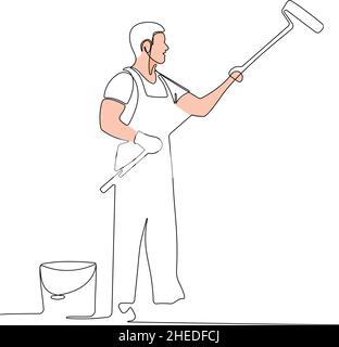 Painter wearing gloves painting wall using roller Stock Vector