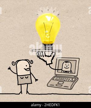 Hand drawn cartoon woman with Laptop and big Light bulb Stock Photo