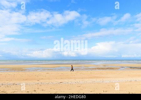 This landscape photo was taken in Europe, France, Normandy, Ouistreham, in summer. We see a man walking on the sandy beach, under the Sun. Stock Photo
