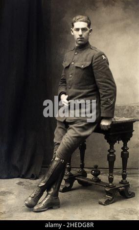 First World War era portrait of a American soldier, a Private in the US Third Army. The two chevrons on his lower left arm signifies he has had at least 12 months service in the 'Zone of the Advance'. Believed to have been taken in Germany c.1919 during service with the US army of occupation. Stock Photo