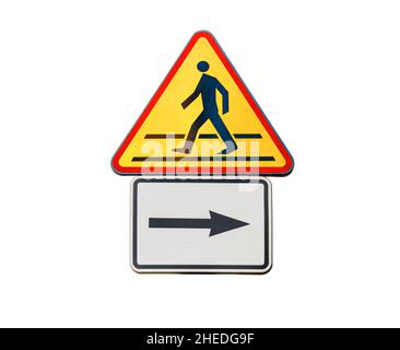 Road sign for right arow and red pedestrian sign isolated Stock Photo