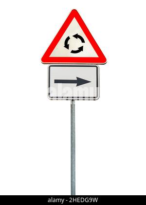 Road sign for right arow and Red roundabout sign Stock Photo