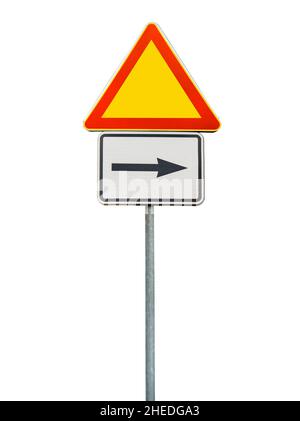 Road sign for right arow and red triangle sign isolated on rod Stock Photo