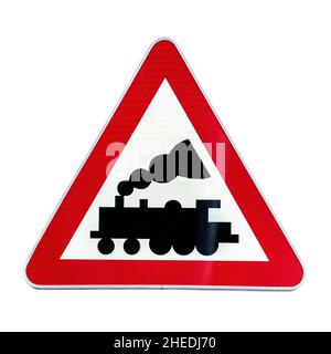 Railroad Level Crossing Sign without barrier or gate ahead the road Stock Photo