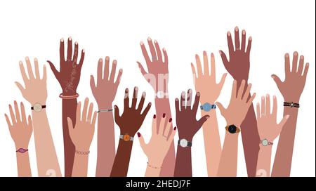 Group of hands and arms raised up of multi-ethnic and multicultural men and women with different skin color. Diversity of people. Community team Stock Vector