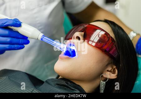 Young female patient takes a dental attendance in the dentist's office Stock Photo