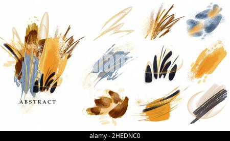 Abstract set of shapes and splashes. Watercolor and oil concept. Use for your designs, greetings. invitations. Blue and gold isolated on white backgro Stock Photo