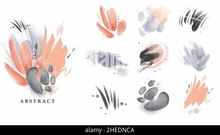 Abstract set of shapes and splashes. Watercolor and oil concept. Use for your designs, greetings. invitations. Violet and pink isolated on white backg Stock Photo