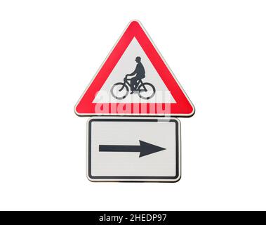 Road sign for right arow and red cycling sign Stock Photo