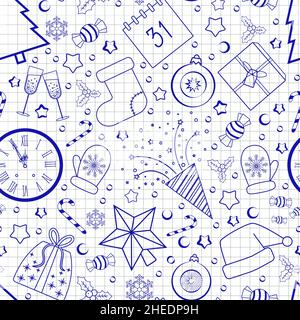 seamless New Year pattern blue doodles on checkered paper like in a notebook Stock Vector