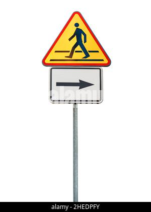 Road sign for right arow and red pedestrian sign isolated on rod Stock Photo