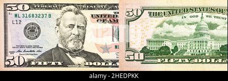 50 dollar bill, two sides background, banner photo. USA money, American cash Stock Photo