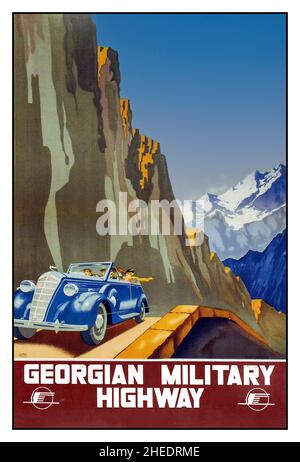 1932 Georgian Military Highway. Intourist Russia Travel Poster 1930s The Georgian Military Road or Georgian Military Highway is the historic name for a major route through the Caucasus from Georgia to Soviet USSR Russia Stock Photo