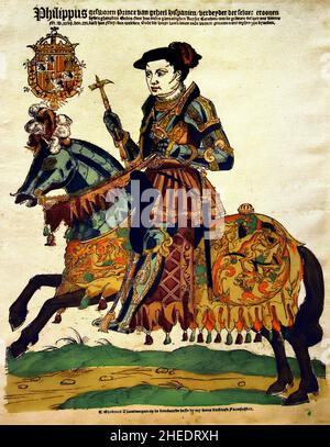 Portrait of King Philip II (1527-1598), on horseback.  1543 ,woodcut / hand-colour printmaker, Cornelis Anthonisz. publisher Hans Liefrinck, Antwerp , Belgian, Belgium, Flemish, The Netherlands, ( Philip II (1527-1598), son and successor of Charles V, born in Spain, first in the Netherlands in 1549 at his festive entrance in Antwerp. Rider in armor on an armored horse gallops to the left. His coat of arms with the Order of the Golden Fleece at the top left. ) Stock Photo