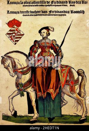 Portrait of Eleanor of Austria on horseback  1543 ,woodcut / hand-colour printmaker, Cornelis Anthonisz. publisher Hans Liefrinck, Antwerp , Belgian, Belgium, Flemish, The Netherlands, ( Eleanor of Austria 1498 –  1558  Eleanor of Castile, was born an Archduchess of Austria and Infanta of Castile from the House of Habsburg, and subsequently became Queen consort of Portugal (1518–1521) and of France (1530–1547 )