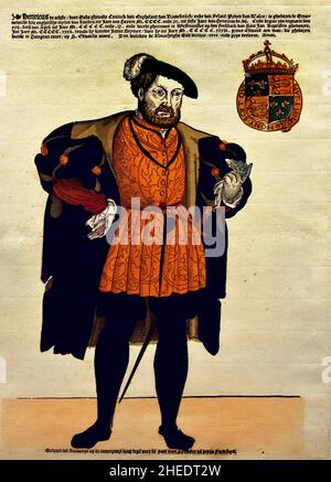 Henry VIII was King of England (and Lord/King of Ireland) from 1509 to his death in 1547. 1543 ,woodcut / hand-colour printmaker, Cornelis Anthonisz. publisher Hans Liefrinck, Antwerp , Belgian, Belgium, Flemish, The Netherlands, ( Henry VIII, King of England, dressed in tabard, standing full-length. A pair of gloves in hand. ) Stock Photo