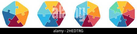 Polygons with rounded corners, five to eight sides, divided into jigsaw puzzle pieces - simple infographics element Stock Vector