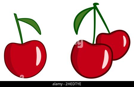 Simple red cherry drawing vector, single and two fruits version Stock Vector