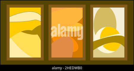 Set of three flyers with orange and yellow waves, lines and circles in paper cut style Stock Vector