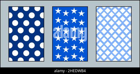 Set of three flyers with blue background and white dots, stars and squares Stock Vector