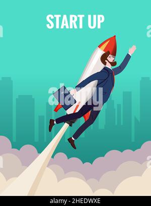 Businessman on a rocket fly through sky. Start up, goal achievement metaphors. City background. Vector illustration Stock Vector